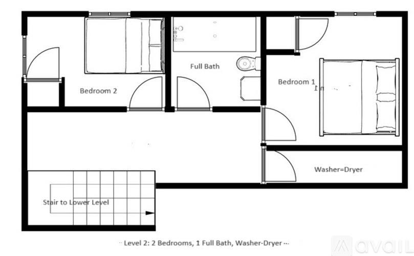 A floor plan of a two-story apartment with two bedrooms, one bathroom, and a washer-dryer.