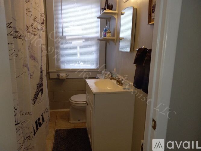 A bathroom with a toilet, sink, and a window with blinds.