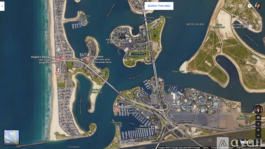 A map shows a coastal area with a search bar at the top.