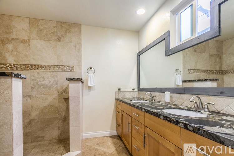 A bathroom with a tiled shower and a vanity with a marble countertop.