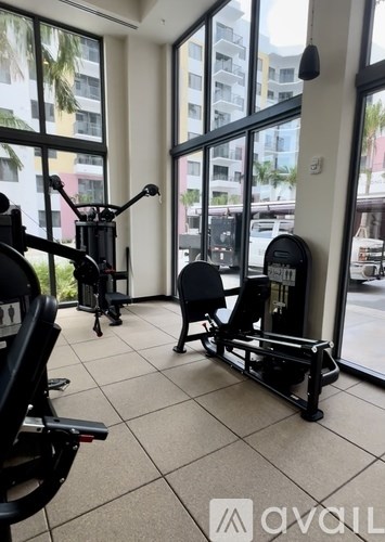 A gym with treadmills, exercise bikes and weights.
