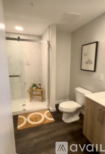 A bathroom with a toilet, sink, and a rug.