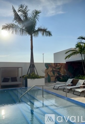 A pool with a palm tree in the background.