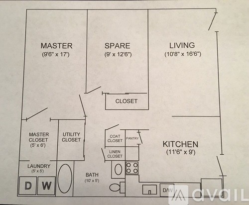A floor plan of a home with a master bedroom, a spare room, a living room, a kitchen, a laundry room, a bathroom, a utility closet, and a master closet.