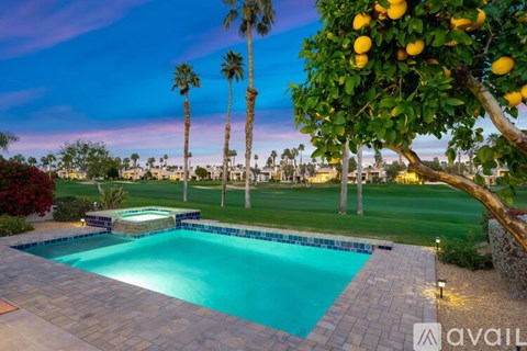 A pool surrounded by palm trees and a lemon tree.