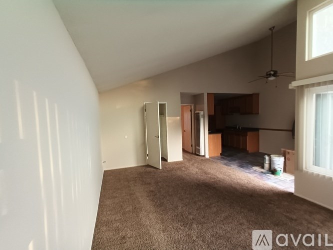 A room with a carpeted floor and a ceiling fan.