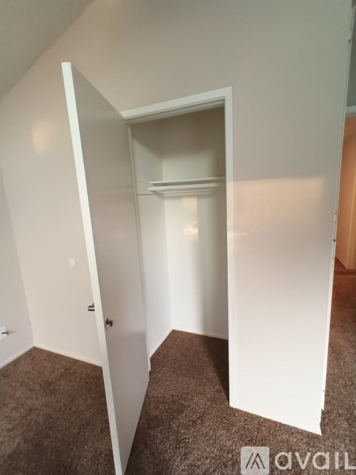 A white door is open to a room with a brown carpet.