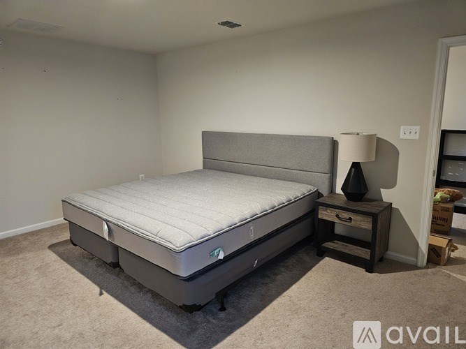 A bed with a mattress and pillow is in a room with a carpet.