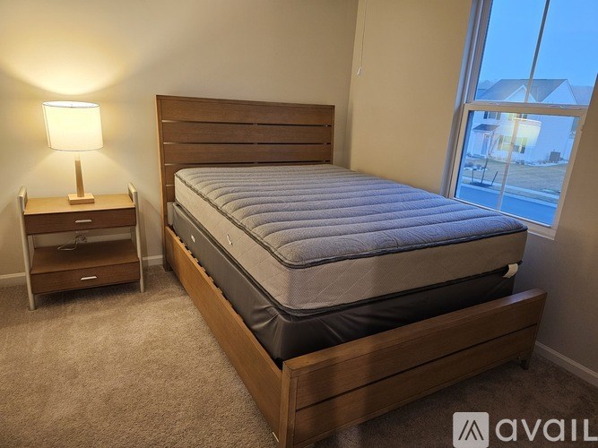A bedroom with a large bed, a nightstand with a lamp, and a carpeted floor.