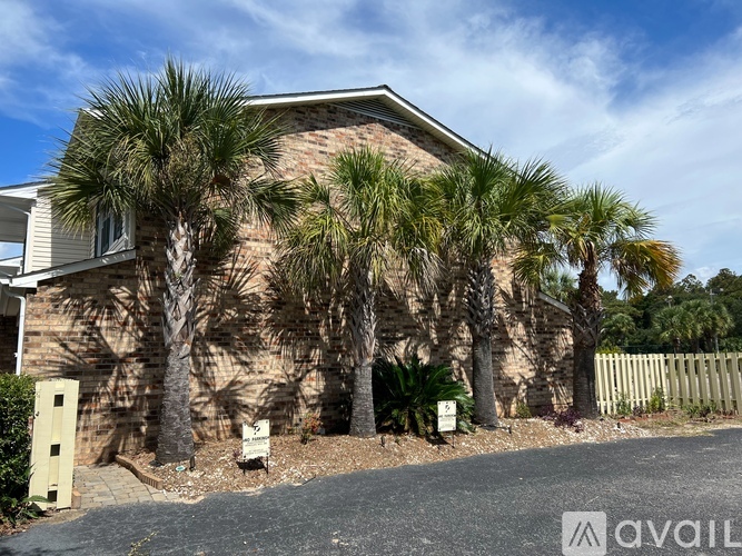 A house with a driveway and palm trees in front.