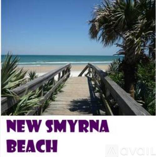 A wooden walkway leads to a beach with the text "New Smyrna Beach" displayed.