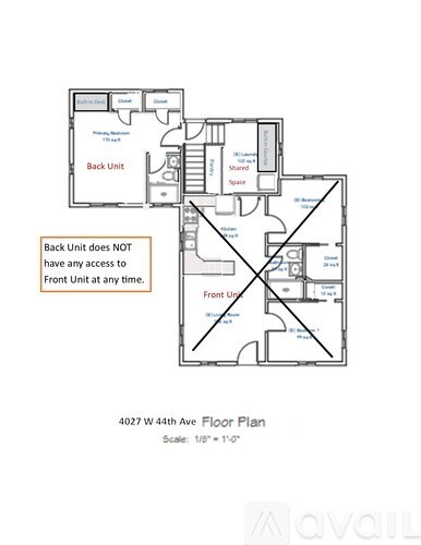 A floor plan for a 4027 W 44th Ave property shows a Back Unit and a Front Unit with no access between them.