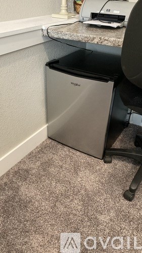 A silver and black filing cabinet sits on a carpeted floor next to a desk with a printer on it.