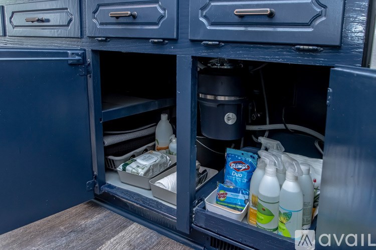 A kitchen cabinet with a drawer open revealing cleaning supplies.