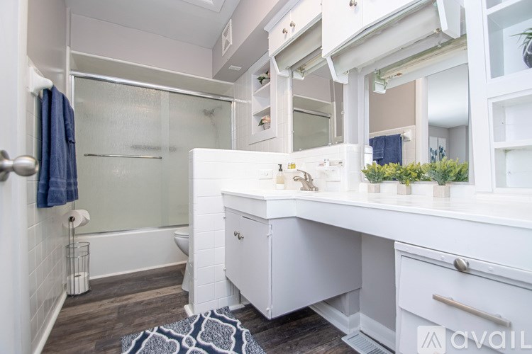 A bathroom with a white vanity and a glass shower door.