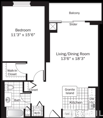 A floor plan of a home with a bedroom, living/dining room, kitchen, and bathroom.