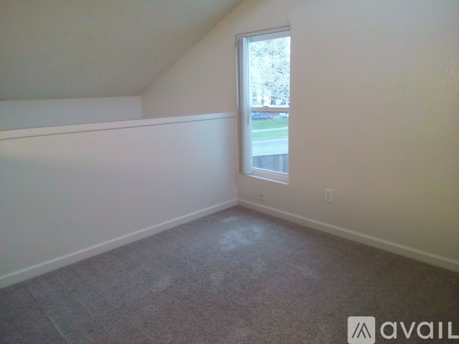 A room with a carpeted floor and a window.