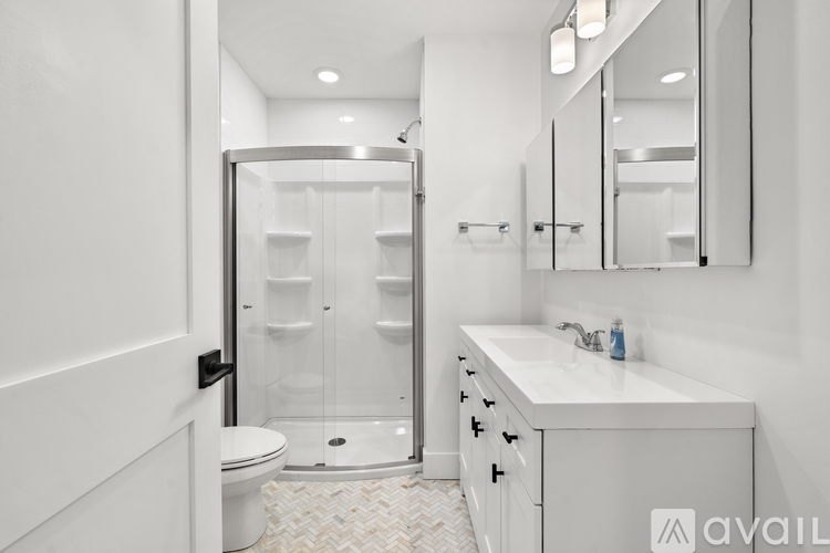 A bathroom with a white toilet, sink, and a walk-in shower.