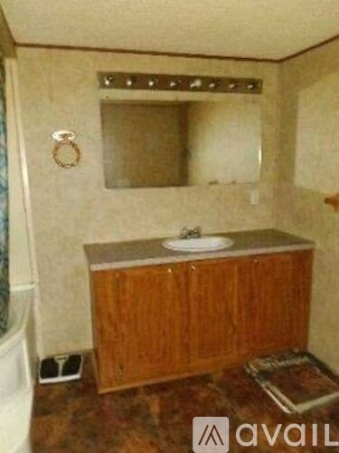 A bathroom with a wooden cabinet and a mirror above the sink.