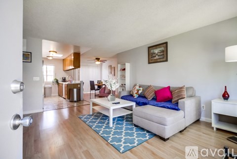 A living room with a white couch and a blue rug.
