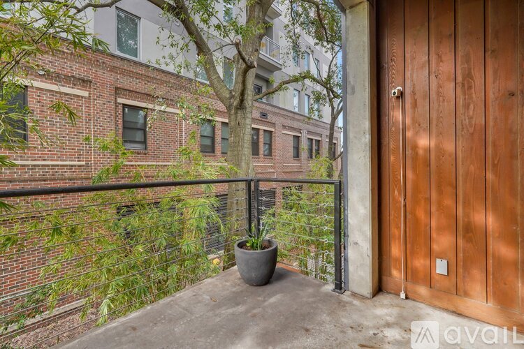 A balcony with a wooden door and a potted plant.
