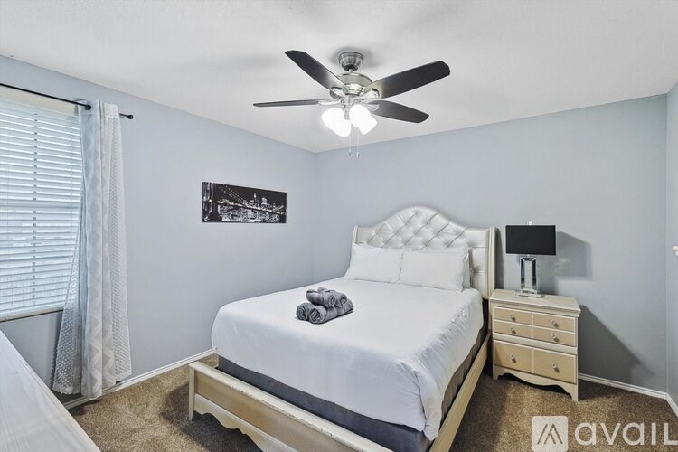 A bedroom with a large bed, a ceiling fan, and a nightstand with a lamp.