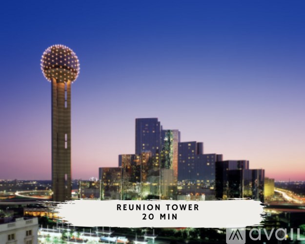 A tall building with a lit up ball on top is called Reunion Tower.