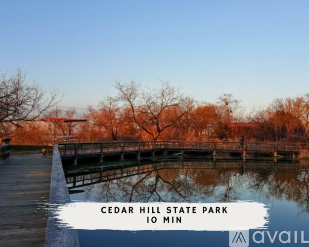 A wooden dock extends into a calm body of water at Cedar Hill State Park.