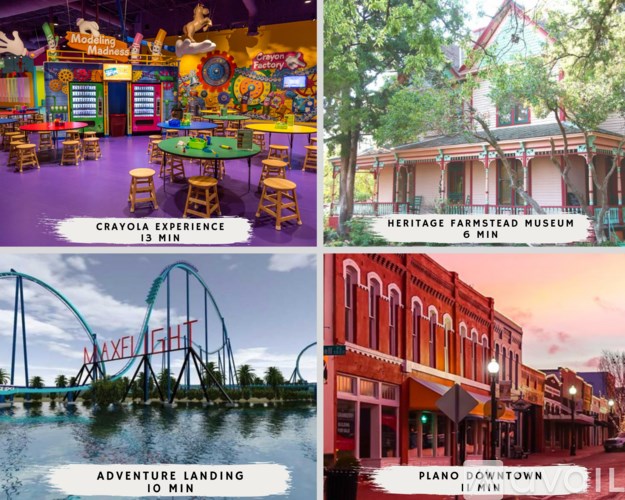 A collage of four images showing different attractions including a crayola experience, a heritage farmstead museum, a roller coaster, and a piano downtown.