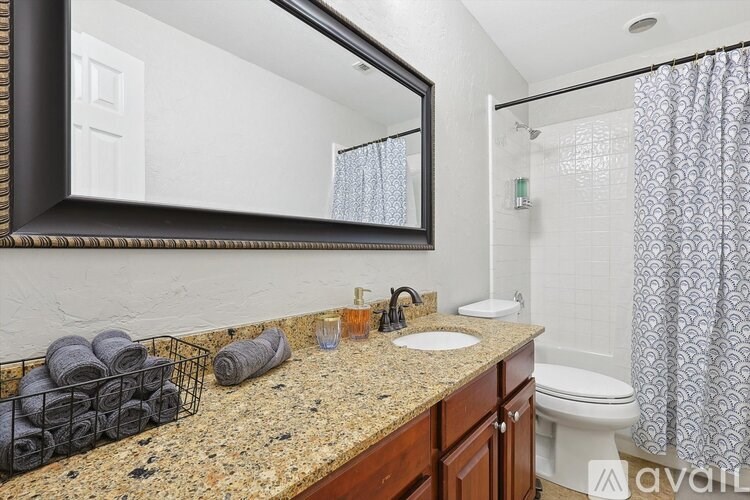 A bathroom with a granite countertop and a shower with a curtain.