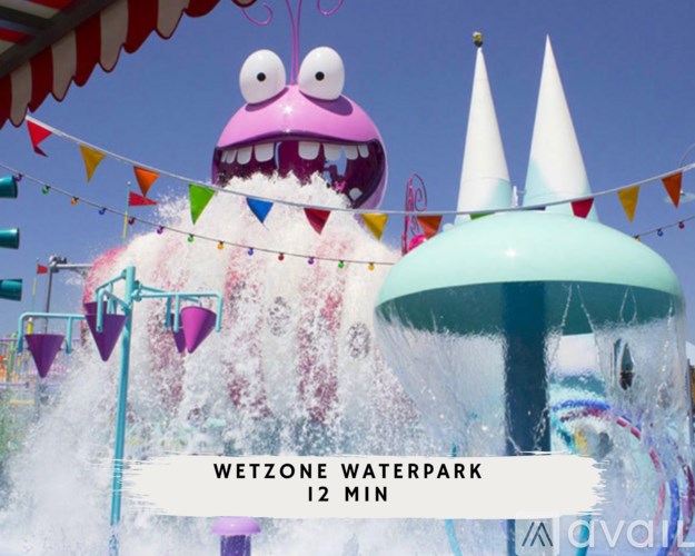A water park with a sign that says Wetzone Waterpark 12 min.