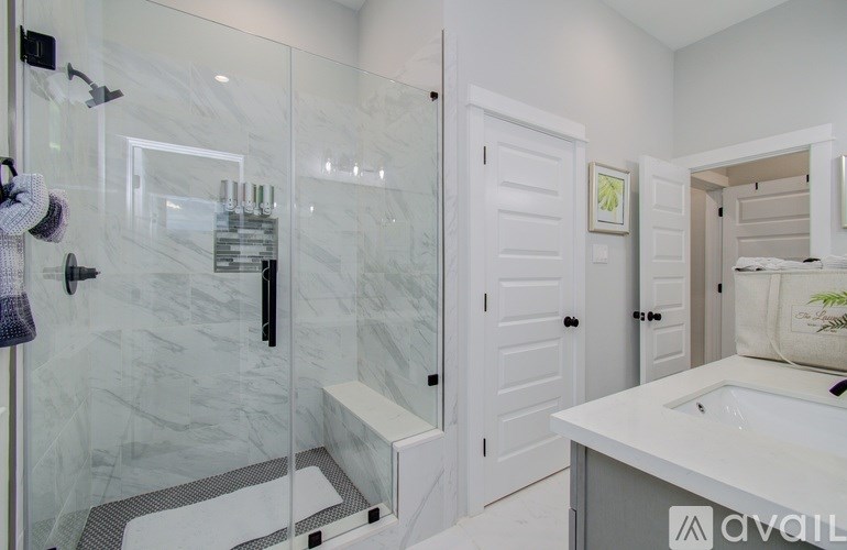 A bathroom with a walk-in shower and a white countertop.
