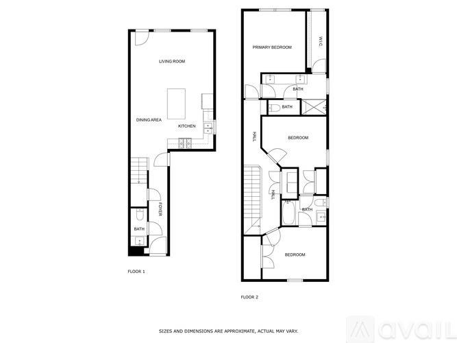 A floor plan of an apartment with two bedrooms, a living room, a dining area, a kitchen, and a bathroom.