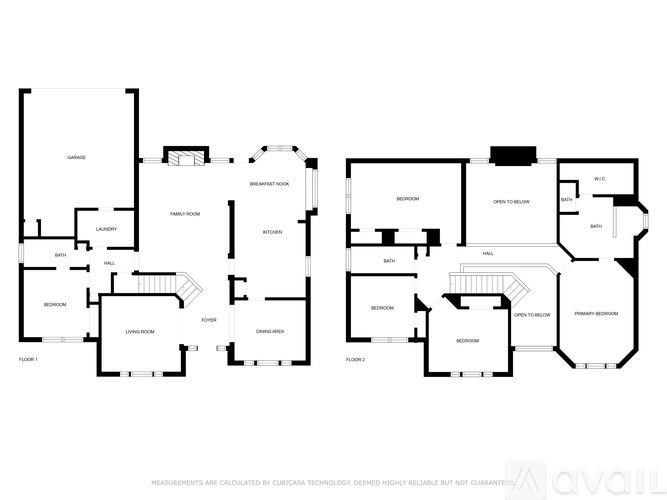 A floor plan of an apartment with two bedrooms and two bathrooms.