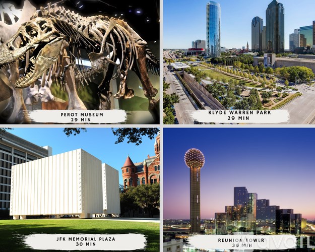 A collage of four images showcasing the Perot Museum, Klyde Warren Park, JFK Memorial Plaza, and Reunion Tower.