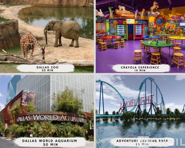 A collage of four images showing attractions at the Dallas Zoo, Crayola Experience, Dallas World Aquarium, and Adventure Island.