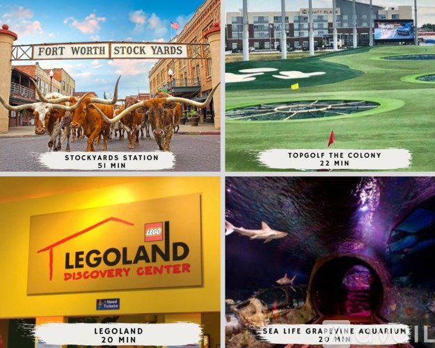 A collage of four images showing different attractions including a stockyards station, a golf course, a LEGOLAND Discovery Center, and a sea life aquarium.