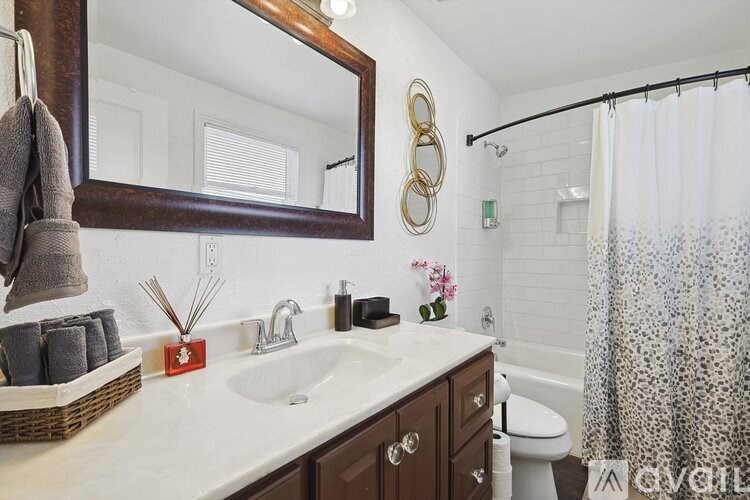 A bathroom with a white sink and a mirror above it.