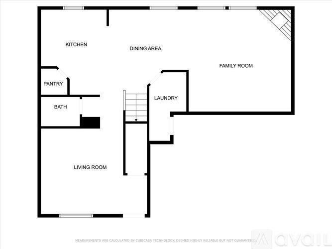 A floor plan of a house with labeled rooms including a kitchen, dining area, family room, living room, pantry, and bath.