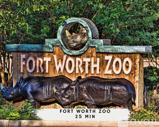 A sign for Fort Worth Zoo with a hippo and a rhino on it.