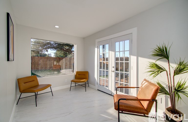 Two chairs and a plant are in a white room with a window.