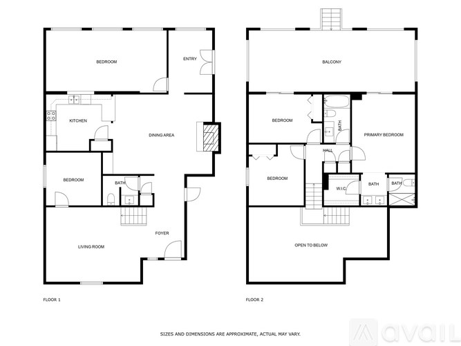 A floor plan of a two-story house with two bedrooms, a living room, a kitchen, a bathroom, a balcony, a foyer, and a primary bedroom.