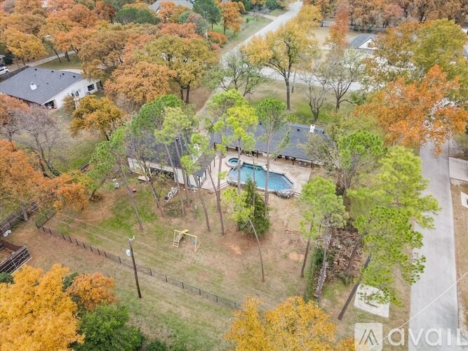 A backyard with a swing set and a pool.