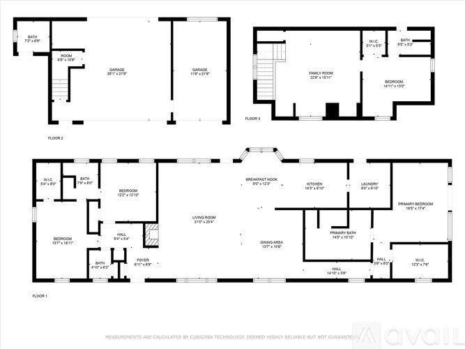 A black and white image of a floor plan for a house with three floors and a garage.