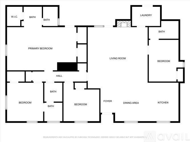 A floor plan of a house with labeled rooms such as a primary bedroom, a living room, a dining area, and a kitchen.