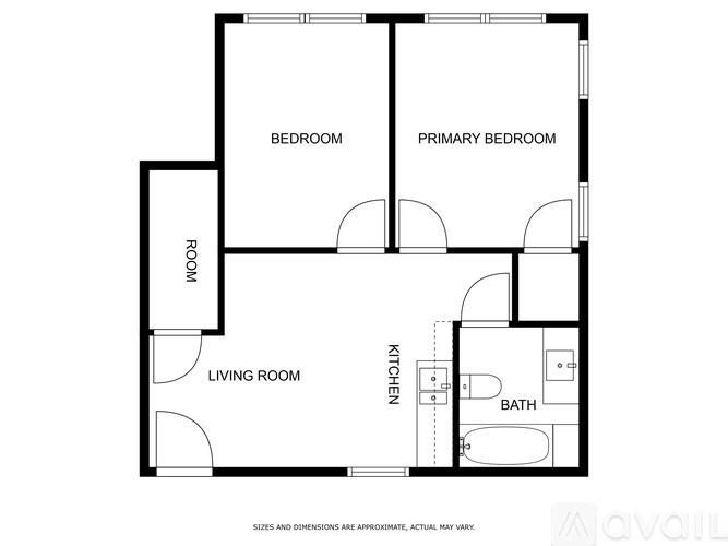 A floor plan of a house with a living room, kitchen, and two bedrooms.