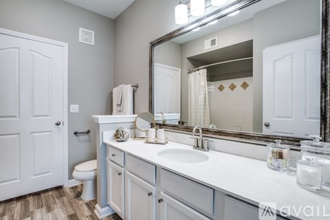 A bathroom with a white sink and a mirror above it.