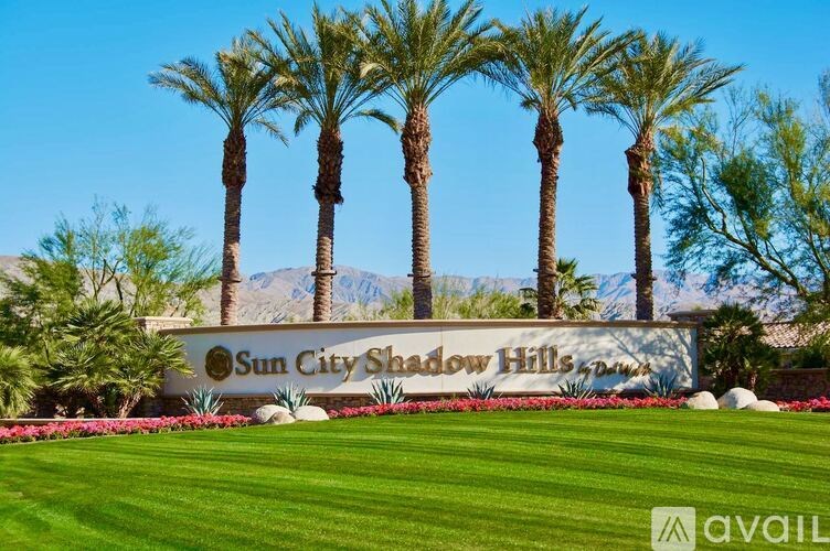 A sign that says Sun City Shadow Hills is in front of some palm trees.