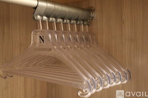A row of clear plastic hangers with a letter N on the first one.