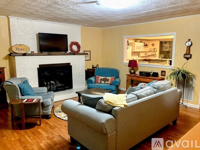 A living room with a grey couch, a fireplace, and a television.